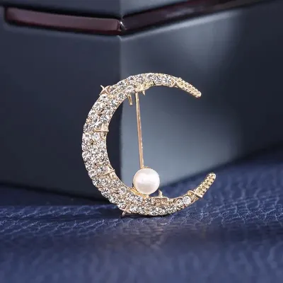 C Letter Crescent Moon Pearl Hijab Brooch 